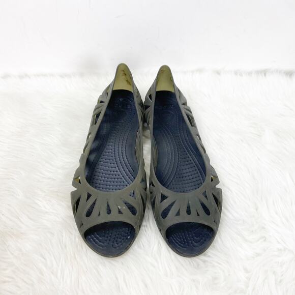 Crocs 8 Womens Black Rubber Laser Cut Peep Toe Flats - Picture 6 of 9